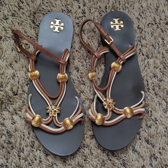 Tory Burch CAPRI MULTI STRAP SANDAL MOCHA TOASTED BARK GOLD sz 9 - Picture 1 of 7